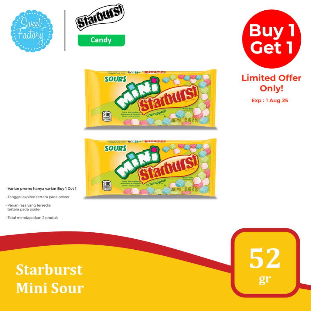 

Starburst Mini Sours 1.85oz - Permen Mini dengan Rasa Asam yang Menggoda