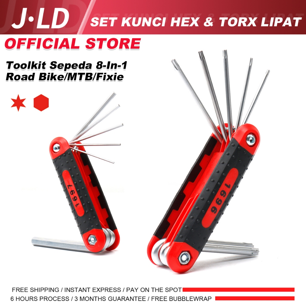 JLD  Kunci Sepeda 8-In-1 Hex/Torx Lipat Portable Ukuran Lengkap (1.5-8mm + T9-T40) CR-V Toolkit Untu