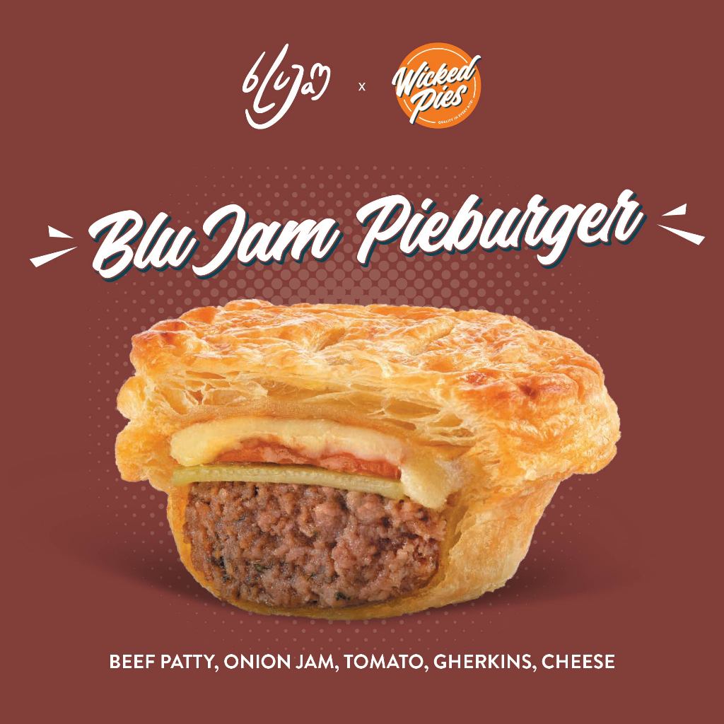

BluJam X Wicked Pies I Pie Burger I Beef Patty, Onion Jam, Gherkins, Tomato & Cheese