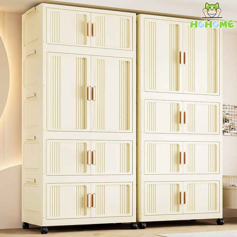 HOhome Lemari Pakaian Plastik Putih 80CM Lemari Gantung Baju Jumbo Besar Lemari Lipat Plastik+Roda 3
