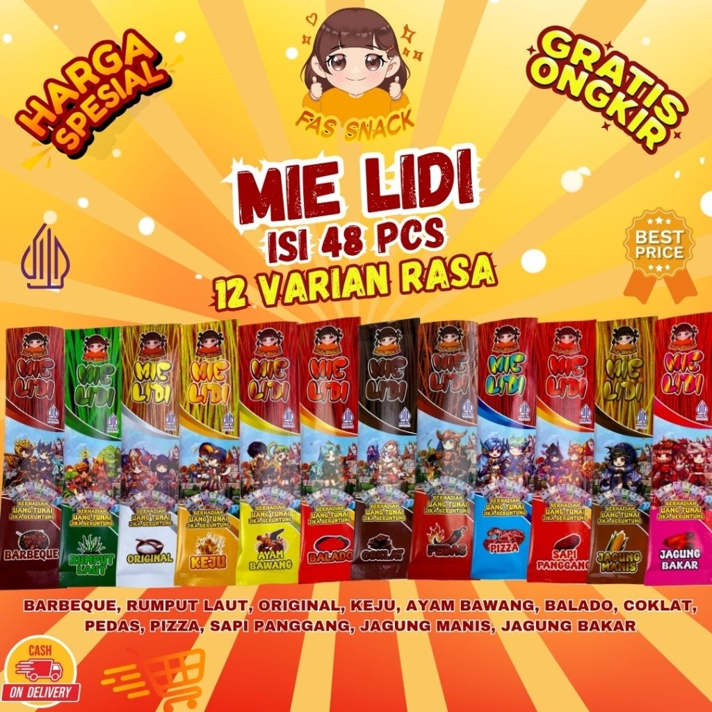 

MIE LIDI KARAKTER ISI [ 48 PCS ] 12 VARIAN RASA PAKET USAHA VIRAL BY FASSNACK