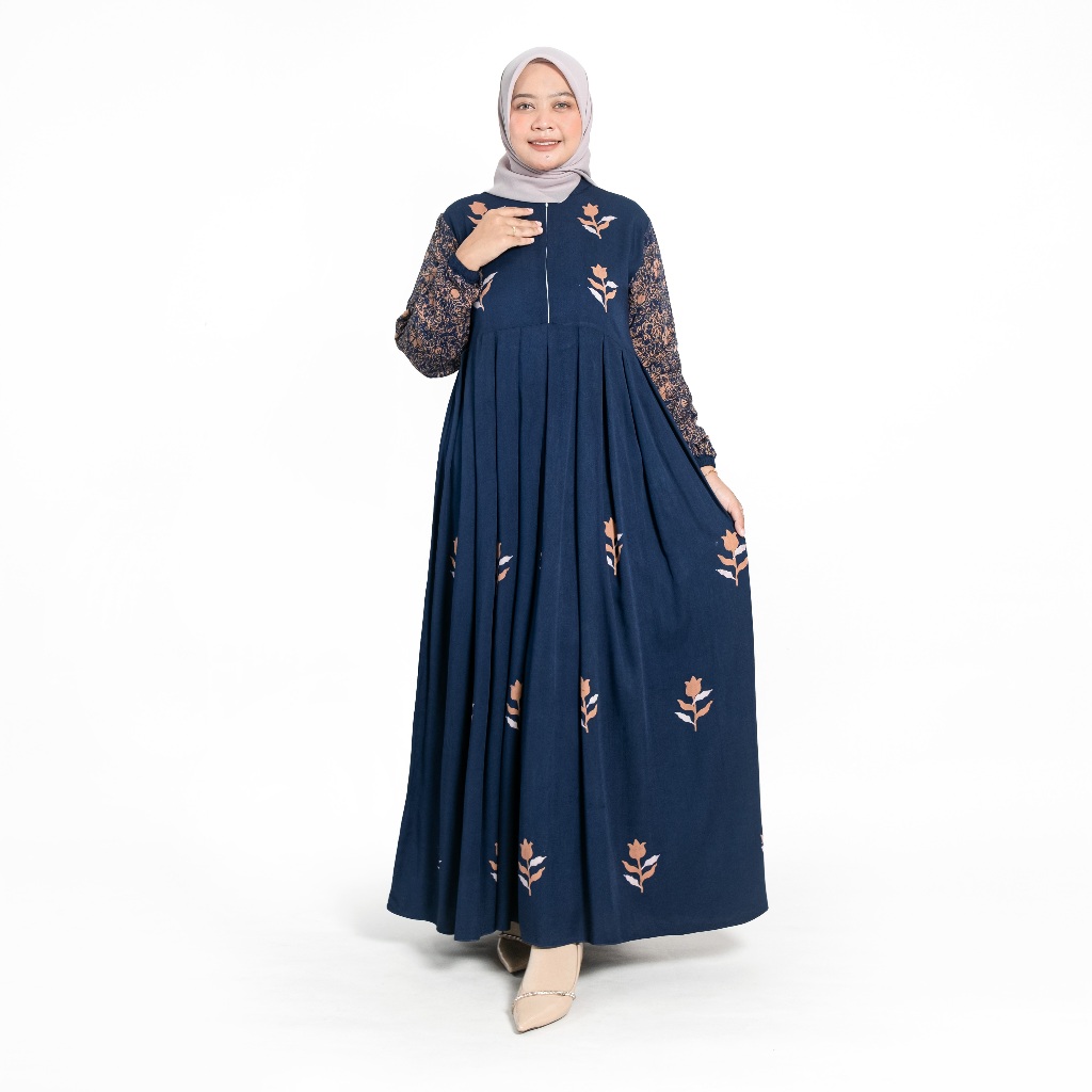 AMRA GAMIS BATIK PEKALONGAN MOTIF NEW AUNTUMN BIRU PREMIUM / GAMIS BAHAN RAYON TWILL ORI / GAMIS PEK