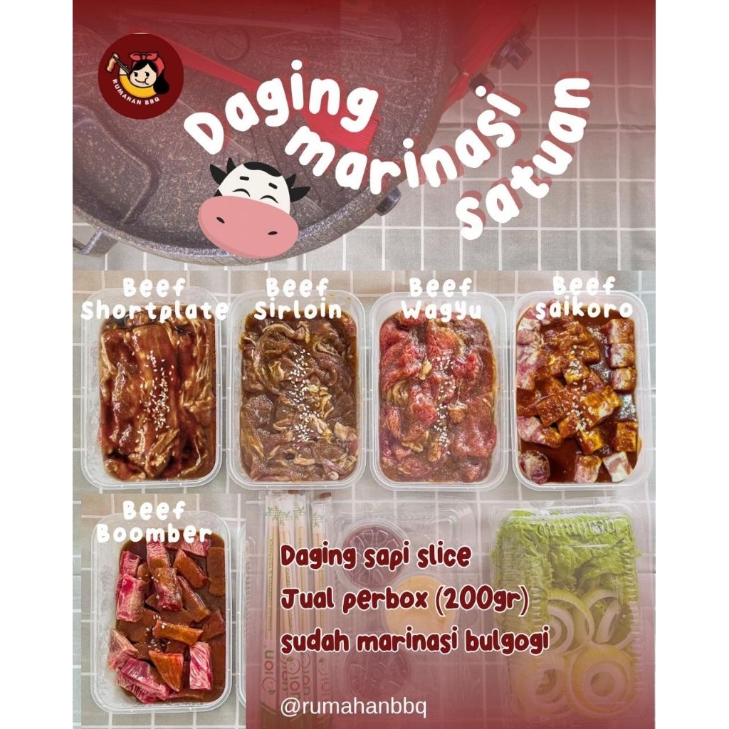 

DAGING SAPI MARINASI BULGOGI 200GR / SHORTPLATE / SIRLOIN / WAGYU / BOOMBER / SAIKORO