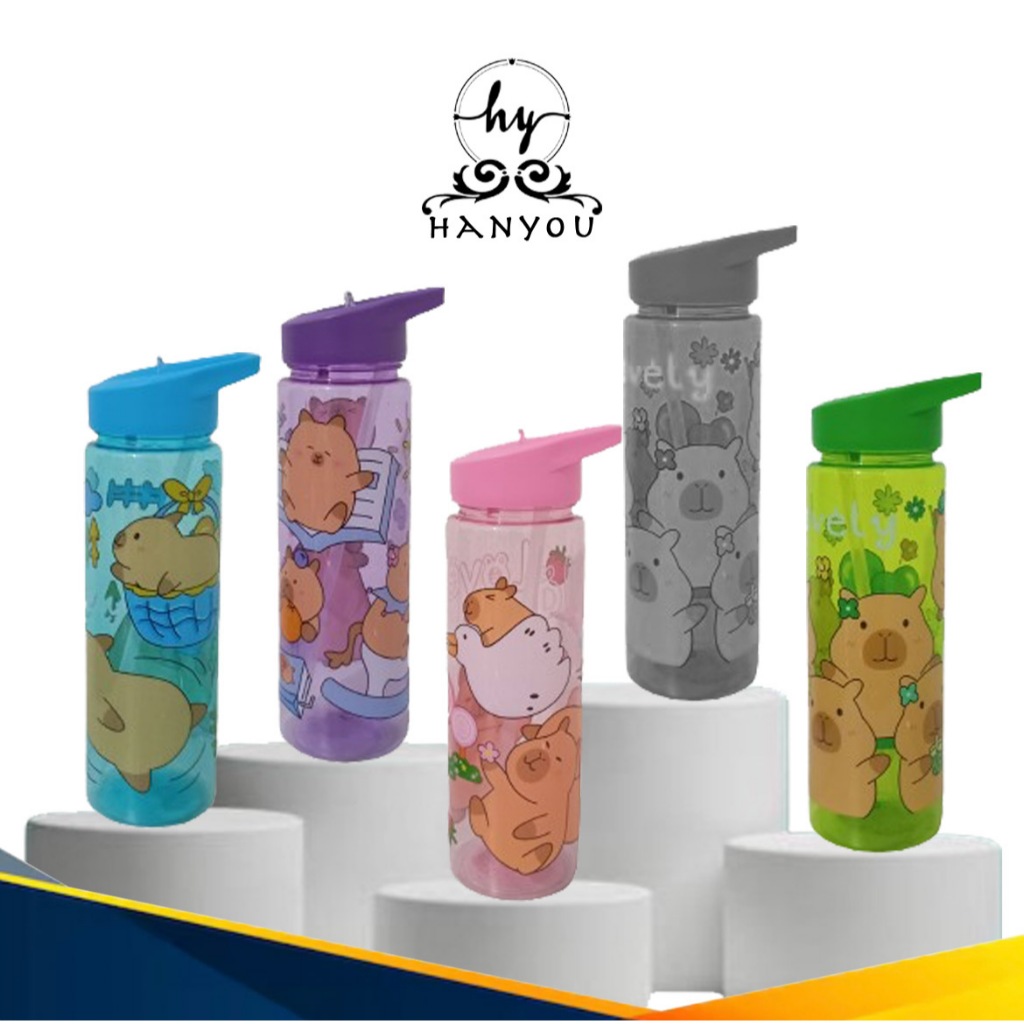 Botol minum 700 ML bening plastik karakter lucu anak perempuan ada sedotan dan Pegangan