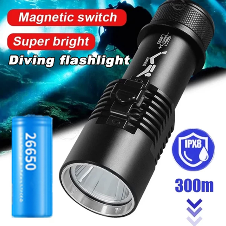 Senter Selam LED XHP70 Sangat Terang dengan Magnet Switch Senter Diving Profesional Tahan Air IPX8