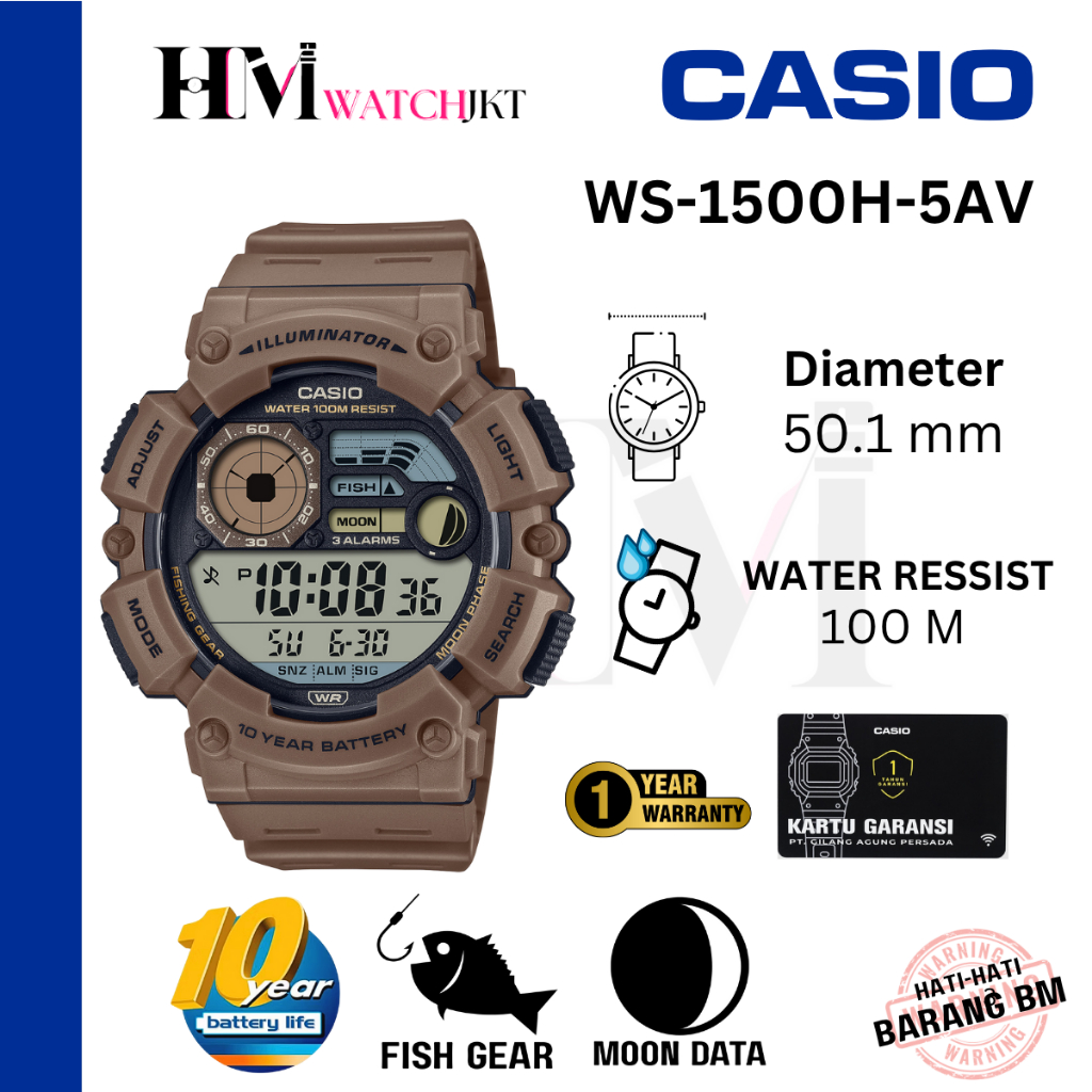 CASIO WS-1500H-5AVDF Jam Tangan Pria Original Digital Antiair Fishing Gear Mancing WS-1500H-5AV WS15