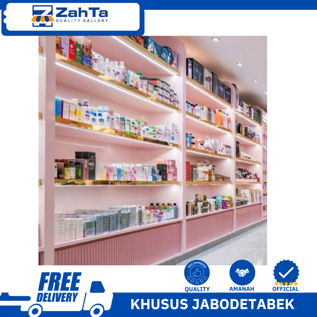ZAHTA - RAK DISPLAY TOKO KOSMETIK FULL LAMPU AKSEN LIST GOLD