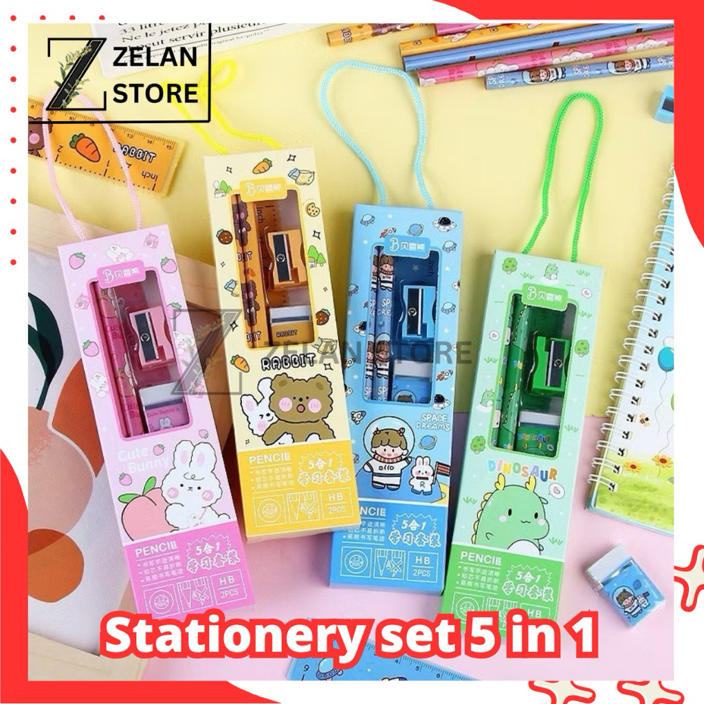 

Stationery Set 5 in 1 / Set Alat Tulis Anak Sekolah Penghapus penggaris Pensil Serutan Karakter Lucu