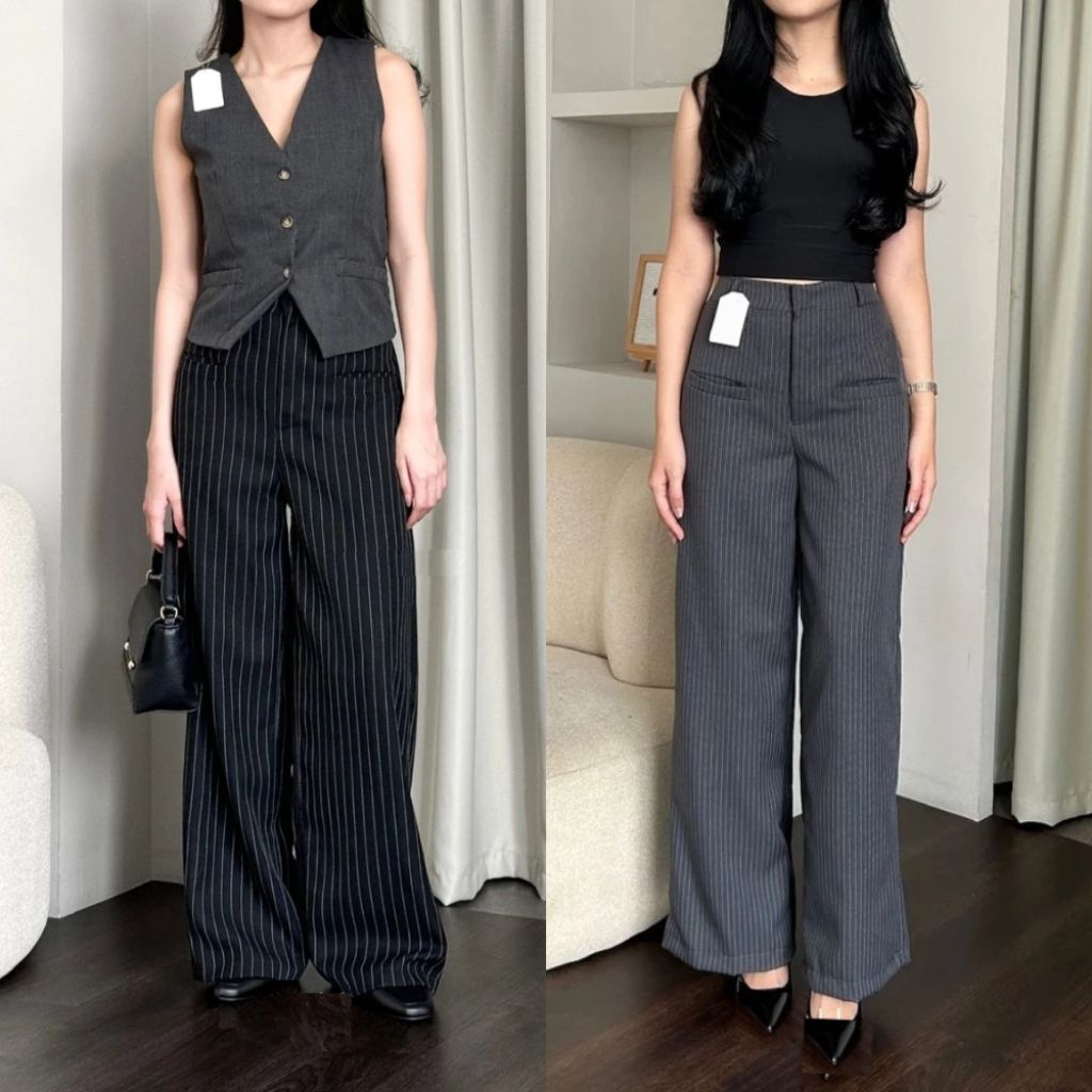Loose Pants Stripe Trouser Wanita - Celana Garis Kulot Casual Formal