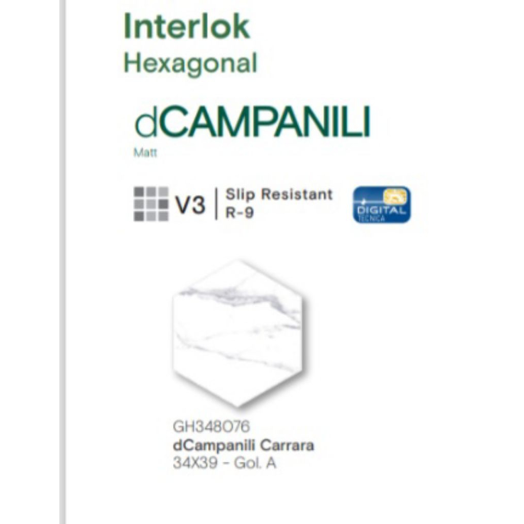 KERAMIK MERK ROMAN INTERLOK TILES HEXAGONAL TIPE dCAMPANILI CARRARA UKURAN 34x39 PERMUKAAN TEKSTURE 
