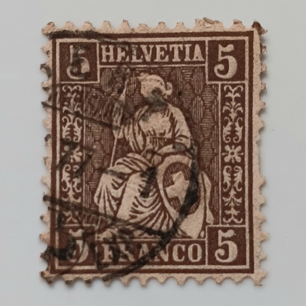 

(AD) Perangko Swiss 1862 & 1867 Sitting Helvetia 5 franc Used