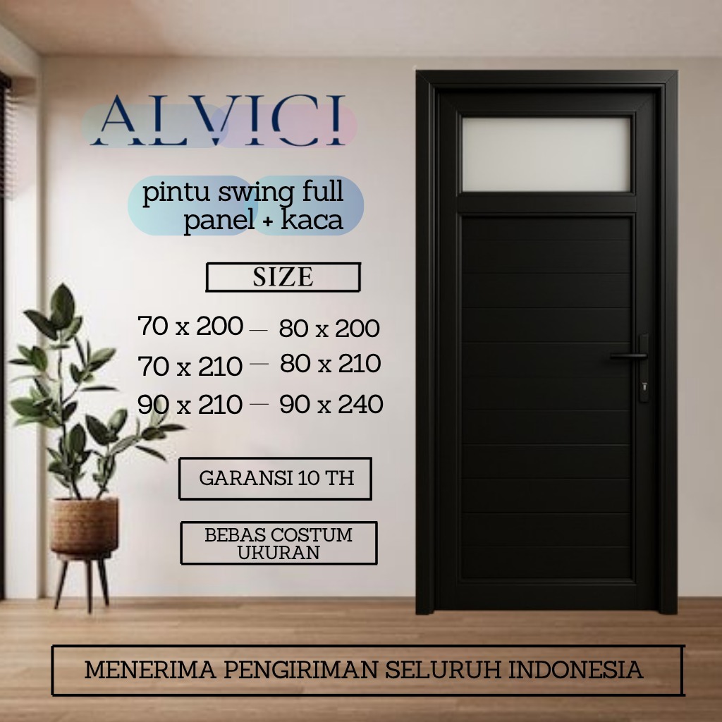 Pintu Rumah Minimalis Modern UPVC Pintu Swing Panel Kaca Atas Ukuran 70 x 200 Sampai 90 x 240 ALVICI