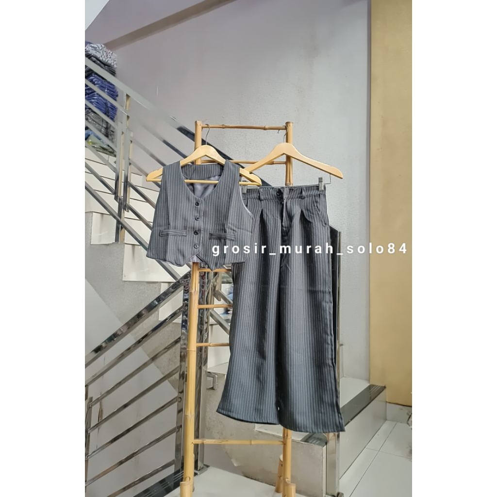Setelan Anak Perempuan Ayudia Vest Rompi + Celana Motif Salur Terbaru