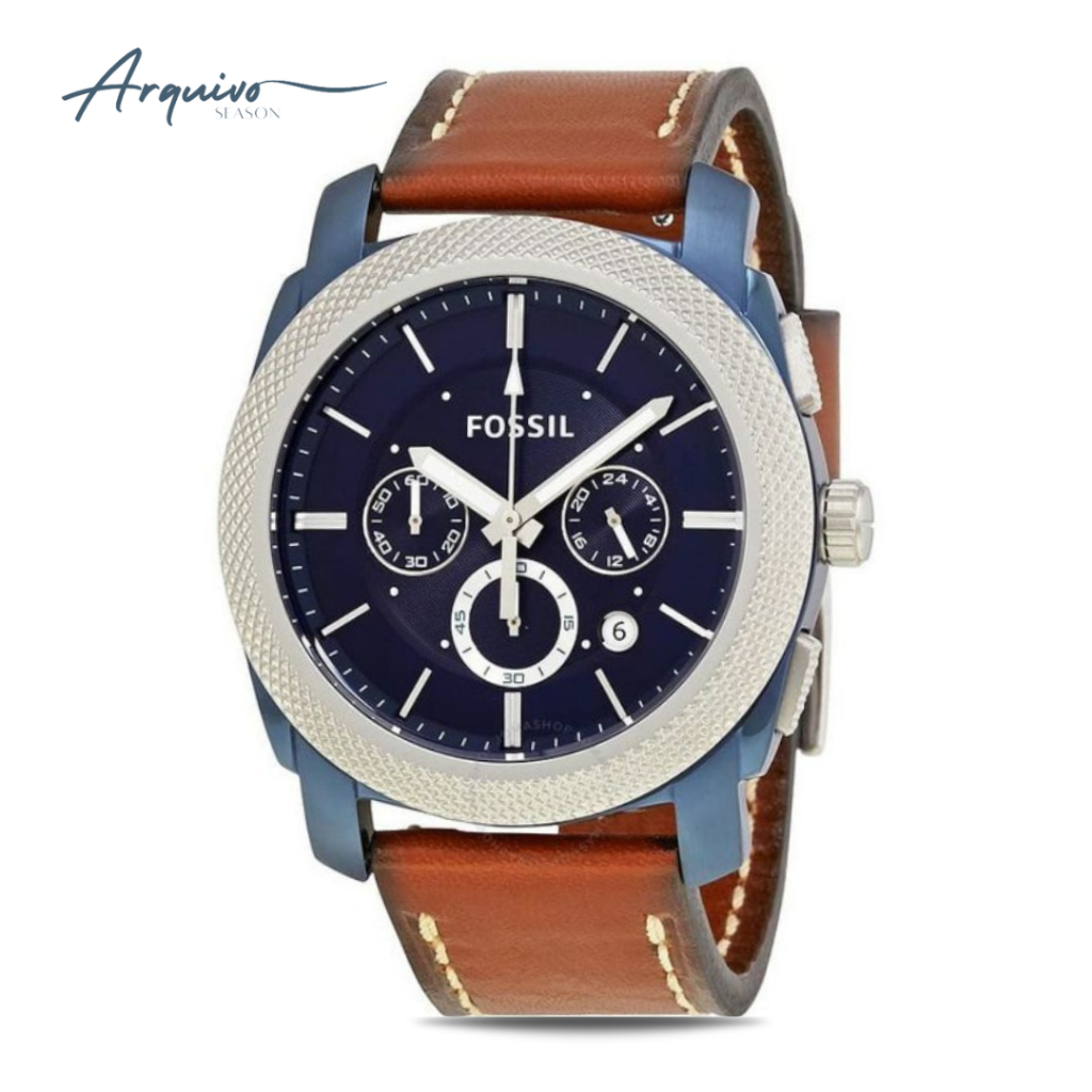 Jam Tangan Fossil Pria Machine Chronograph Kulit Brown Dial Blue Sporty Casual Original FS5232