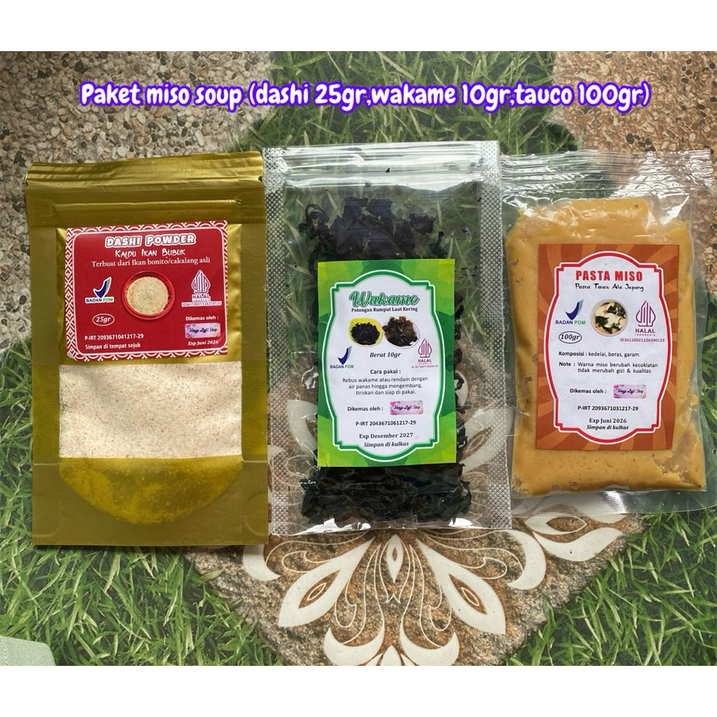 

Paket Miso Soup (Miso 100gr, Dashi 25gr Wakame 10gr) sup rumput laut halal kaldu ikan tauco murah