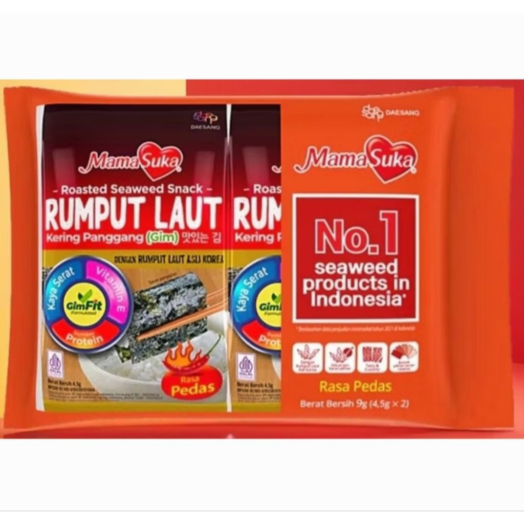 

Rumput laut mamasuka varian rasa pedas (isi 2) x 10 bungkus