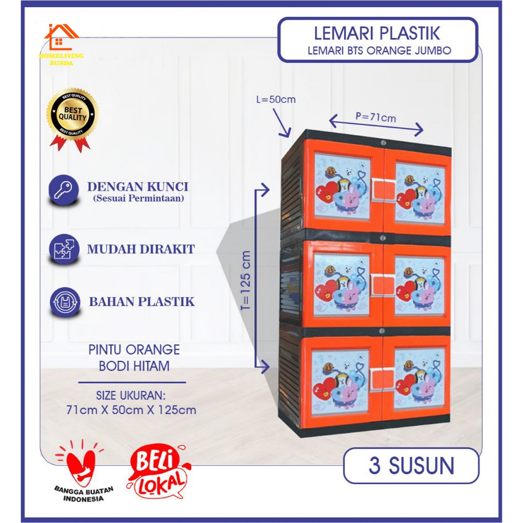 Lemari Plastik / Lemari Pakaian Plastik / Lemari Jumbo Plastik 3 Susun Kunci Motif BTS KUNCI 3 ORANG