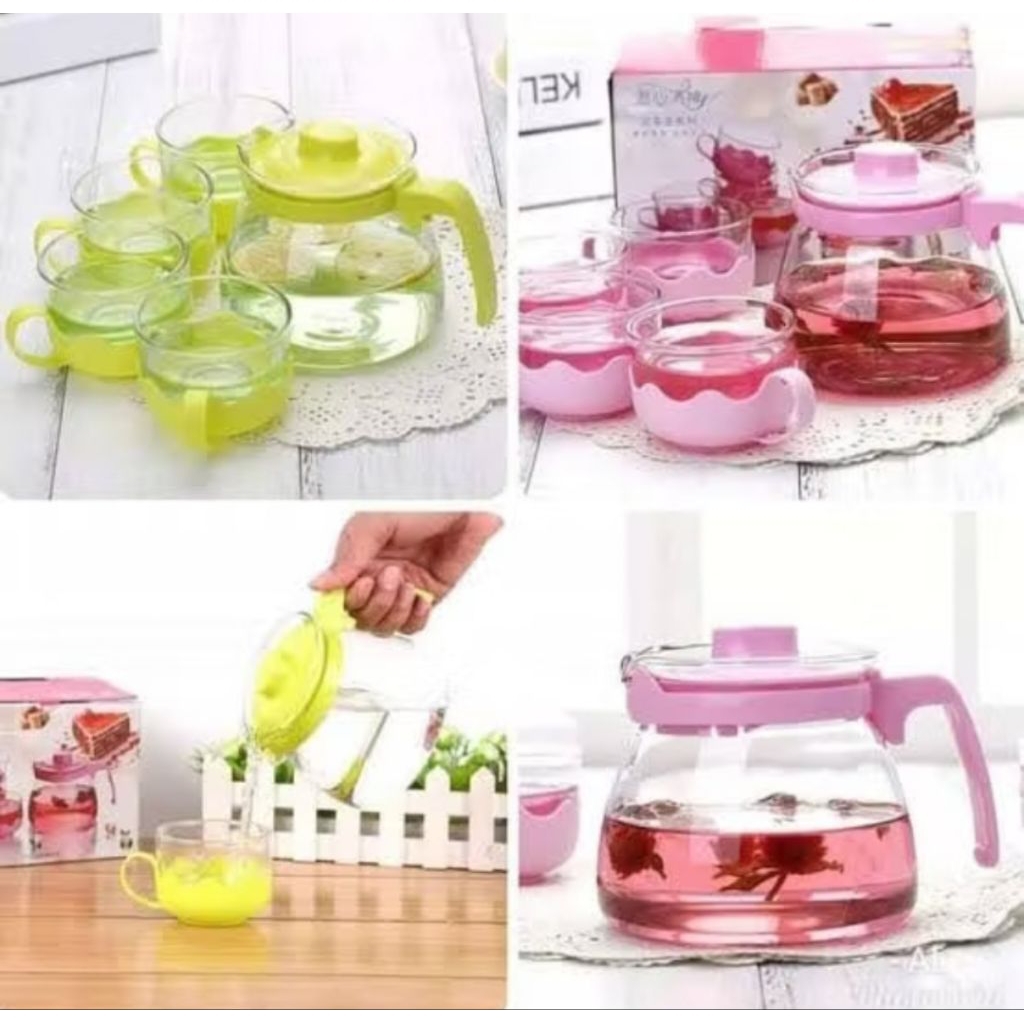 tea pot set 4in1 teko set gelas cantik estetik kaca tebal