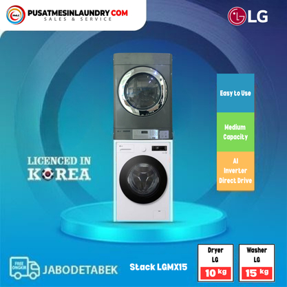 LG Set Stack Mesin Cuci 15kg & Mesin Pengering Gas 10,2kg LGMX15SN