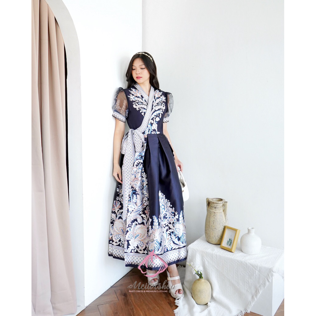 Emma Elegance Kimono Dress Kondangan Hitam/Hijau/Putih Batik Modern/ Gaun gereja/Wisuda/Promnight Ko