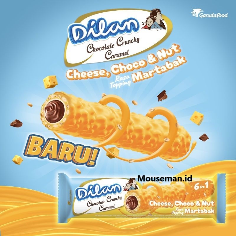 

Dilan 6in1 Chocolate Crunchy Caramel Cheese, Choco & Nut Rasa Topping Martabak Wafer Roll isi Krim Cokelat Krispi Biskuit Kacang Bersalut Karamel dan Krim Keju 23gr