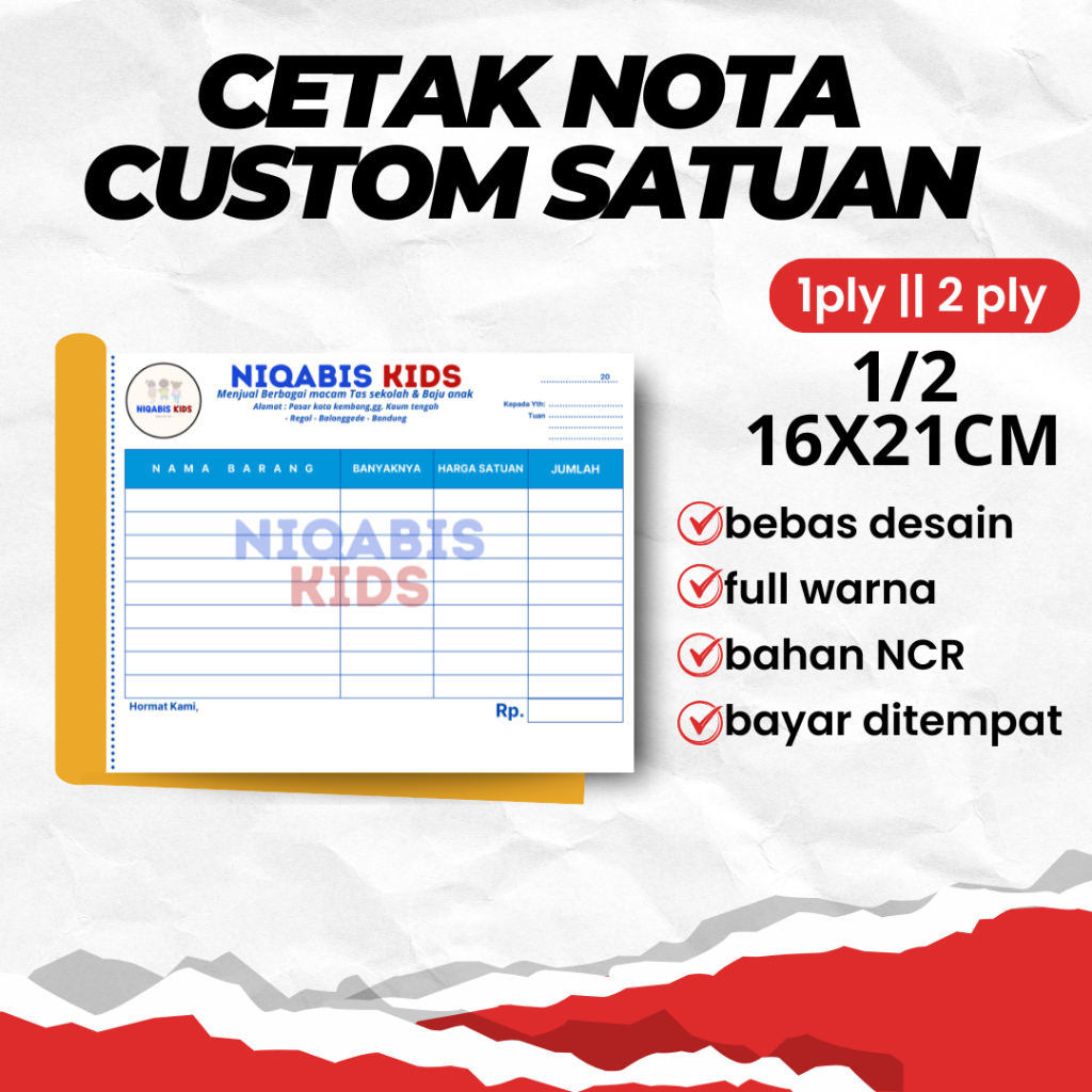 

Cetak nota Custom nama toko sendiri full color ukuran 16x21cm 1/2 polio 1 ply 2 ply