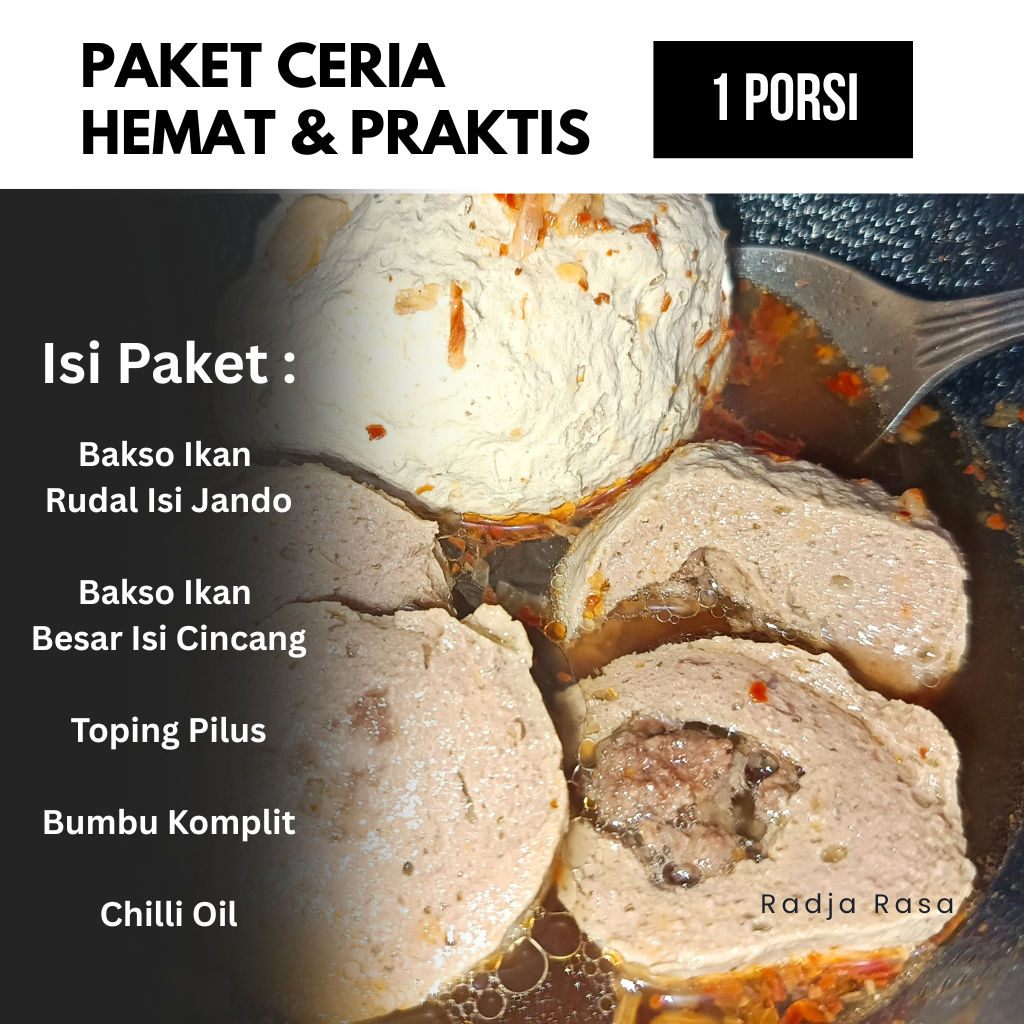 

Paket Baso Ikan Rudal Jando dan Besar Cincang Lengkap Bumbu dan Toping