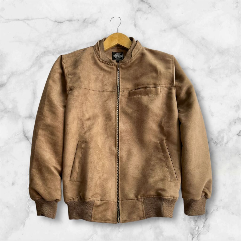 Jaket Bomber Suede Double Kerah Cream