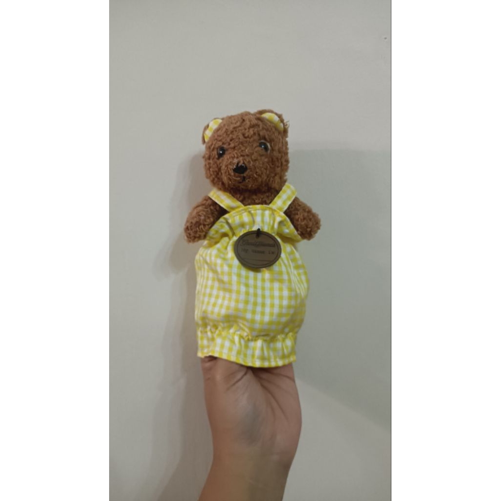 Boneka Teddy Bear Vintage Kostum Dress Kuning Kotak-kotak