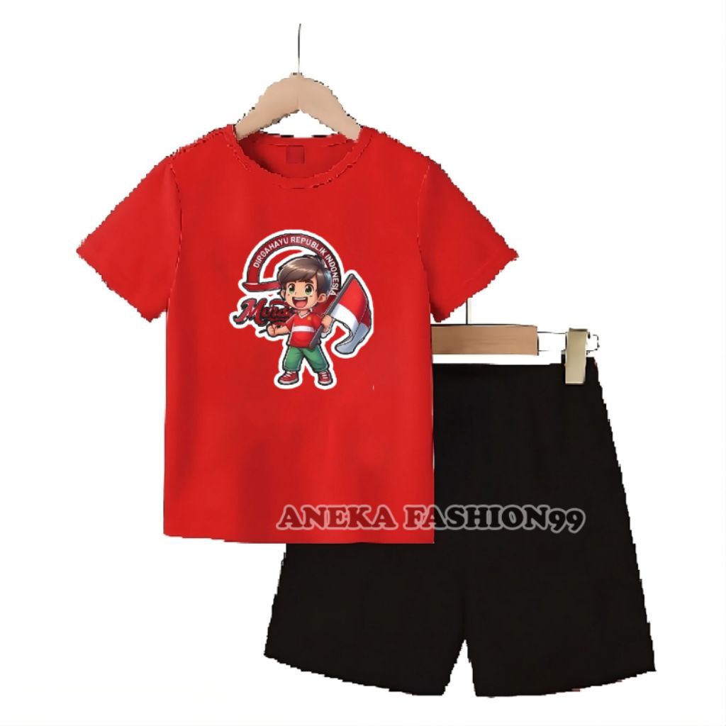 Setelan Kemerdekaan Anak Oneset Merah Putih Unisex Satu Set Atasan Bawahan Jalan Sehat Agustusan Wan