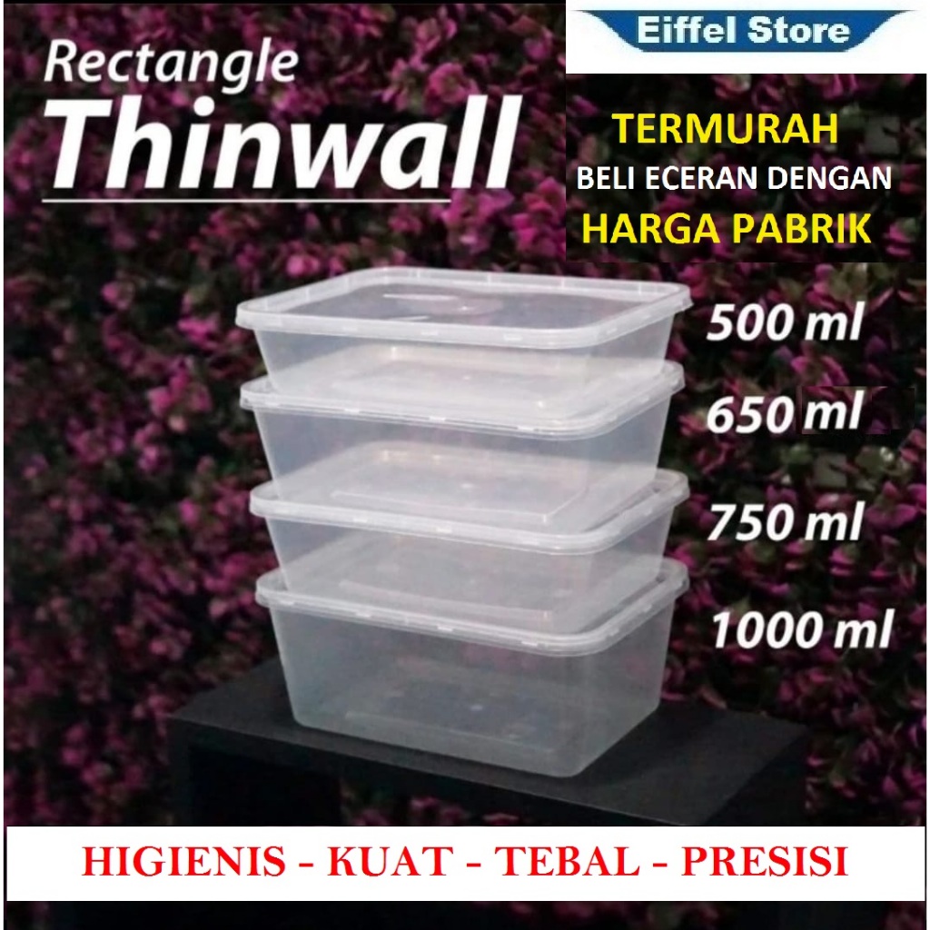 Thinwall Persegi Panjang 500ml 650ml 750ml 1000ml Thinwall Rectangle Tempat Kue Snack Food Container