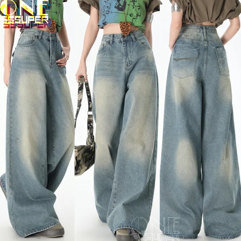 Celana Jeans Pinggang Tinggi Wanita Wanita Retro Jeans Lurus-Denim Bahan Premium Jeans Pinggang Supe