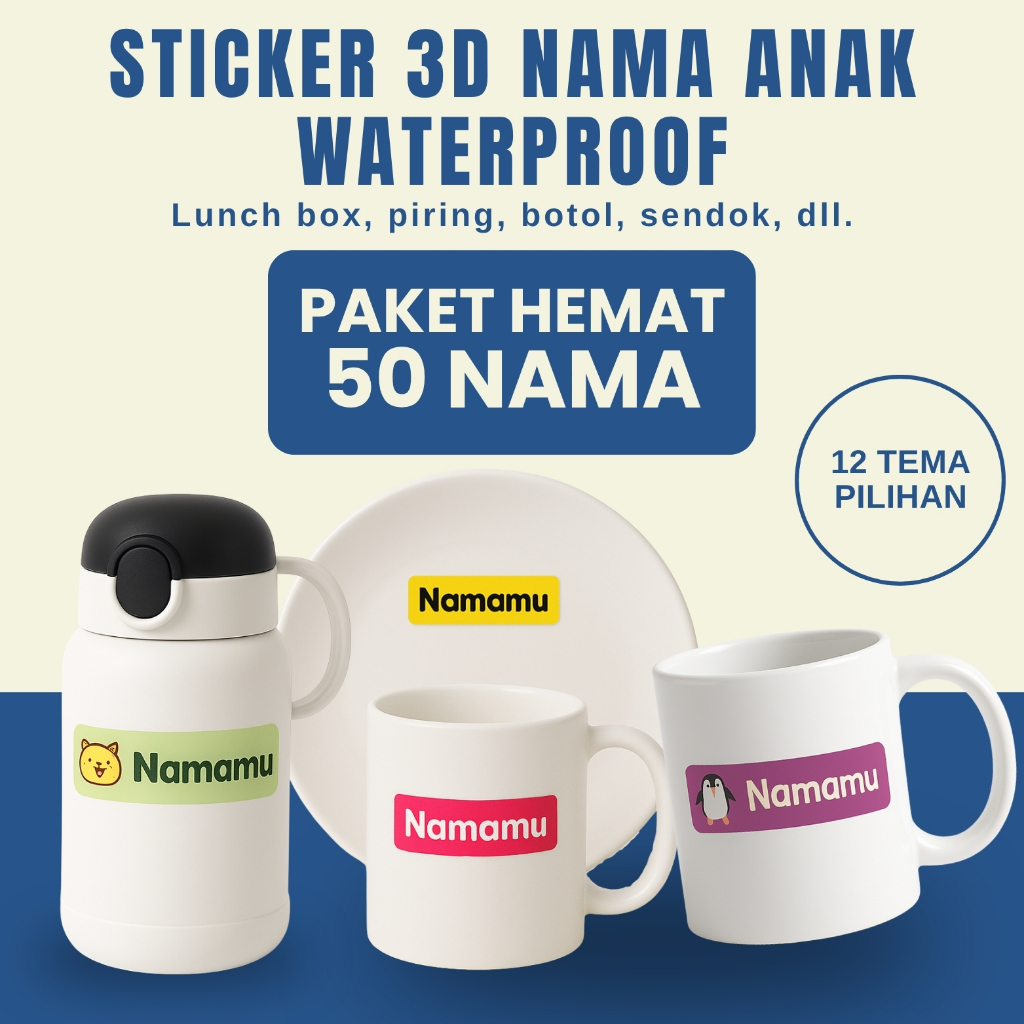 

50 PCS Stiker Barang Custom Nama Piring Sendok Botol Gelas Perabotan timbul waterproof label