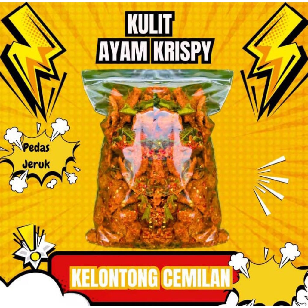 

Snack Cemilan Kulit Ayam Krispy Varian Pedas Daun Jeruk ukuran 250 Gram