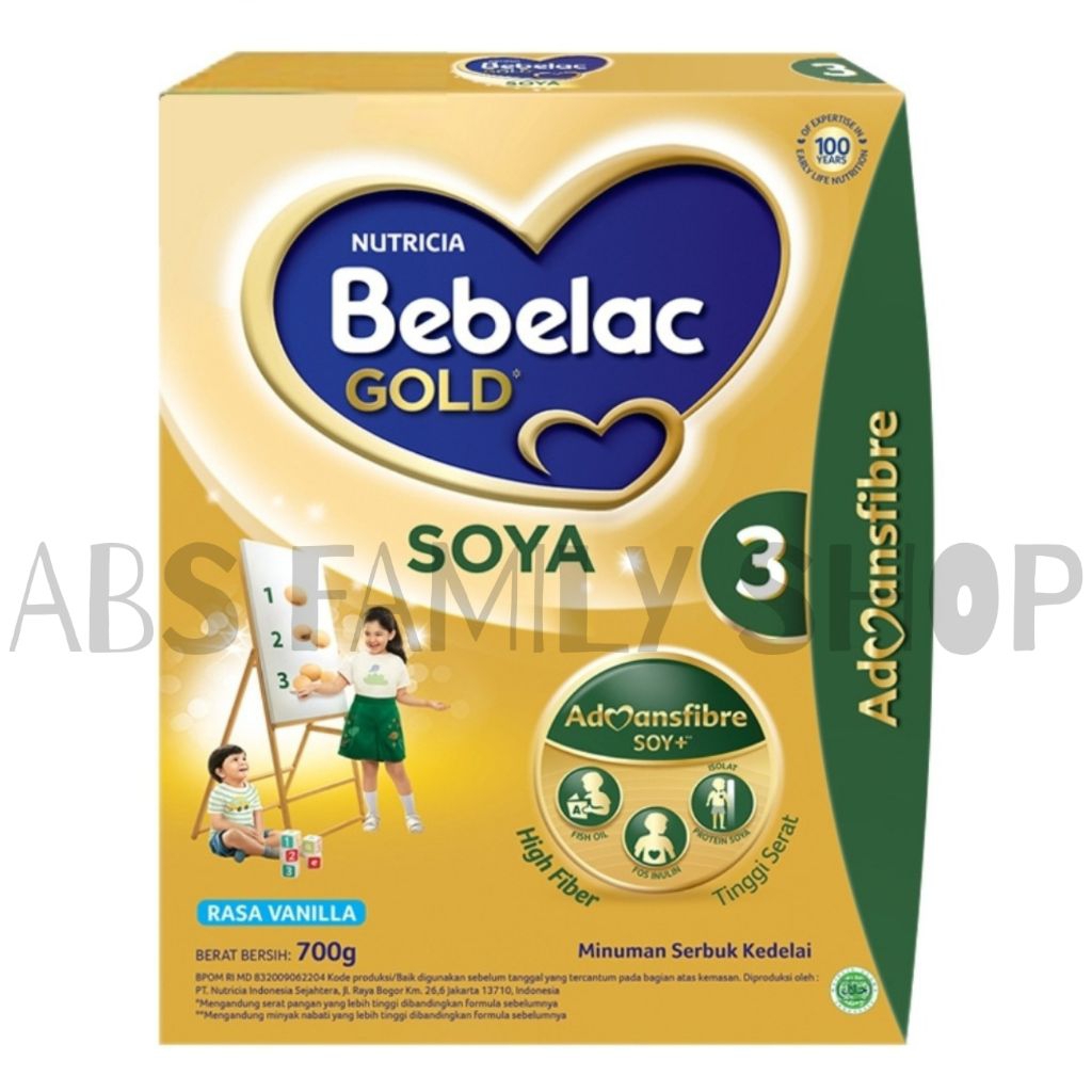 

BEBELAC GOLD SOYA 3 dengan Advansfibre Soy+**: fish oil, omega 3, 6, FOS Inulin, 9 asam amino esensial, & 13 Vitamin 9 Mineral. Formula Soya Bebelac Gold 3 untuk anak usia di atas 1 tahun.
