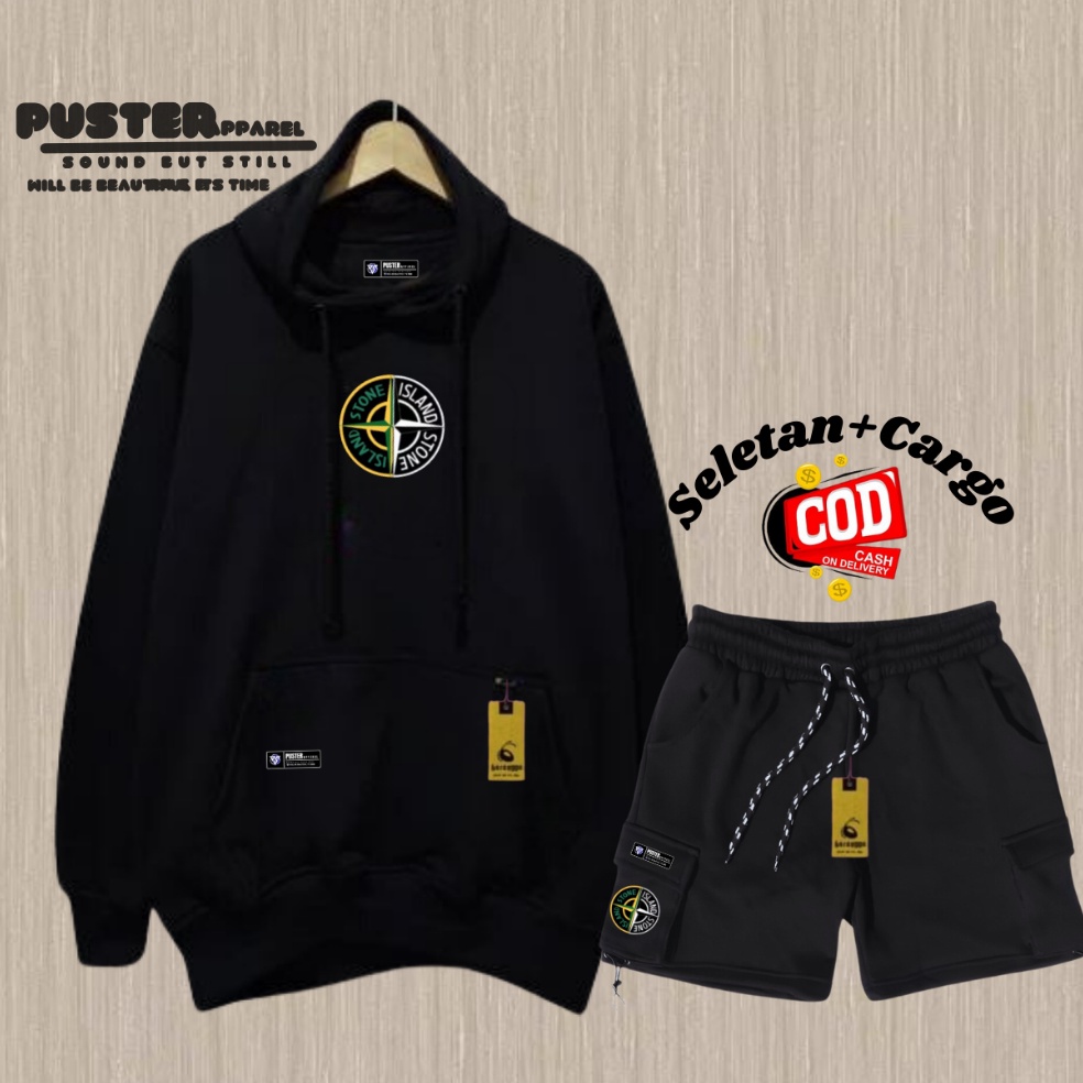 KODE J34W Stelan Oneset Hoodie Celana Pendek Pria Wanita Distro Stelan Sweater Celana Cargo Bahan Fl