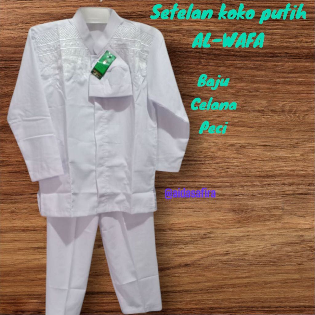 SETELAN MUSLIM PUTIH AL-WAFA TANGAN PANJANG/SETELAN KOKO PUTIH AL-WAFA ANAK LAKI LAKI