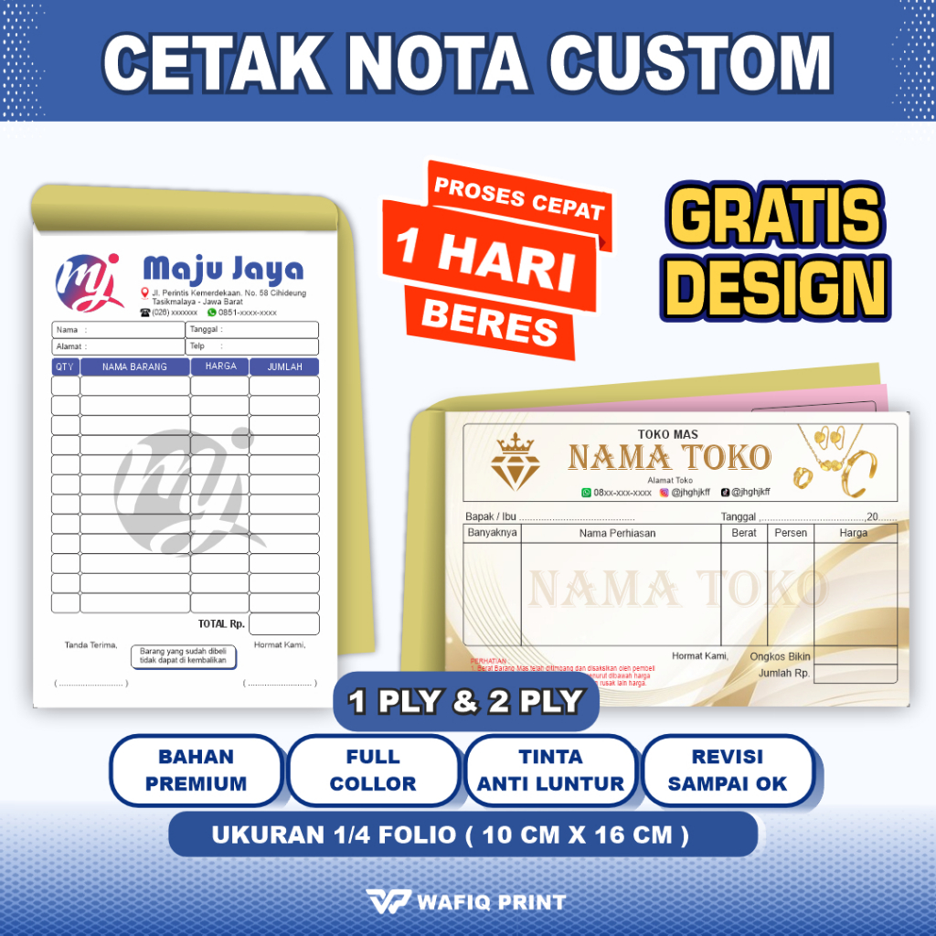 

Nota Custom 2 ply 1 ply Nama Usaha Sendiri Ukuran sedang 1/4 Folio Gratis Design full color kwitansi