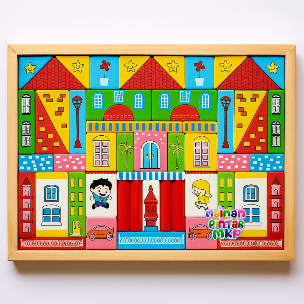 Mainan Edukasi Balok Kayu Anak – Puzzle Bangun Kota Lucu | Montessori Wooden Block Building Set