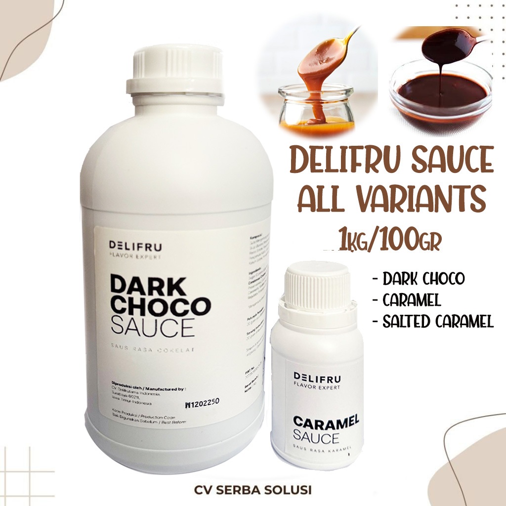 

Delifru Sauce Caramel, Chocolate, Salted Caramel 1Kg / 100gr - Soas Karamel Asin Gurih Manis, Dark Choco Sauce cocok untuk topping kopi