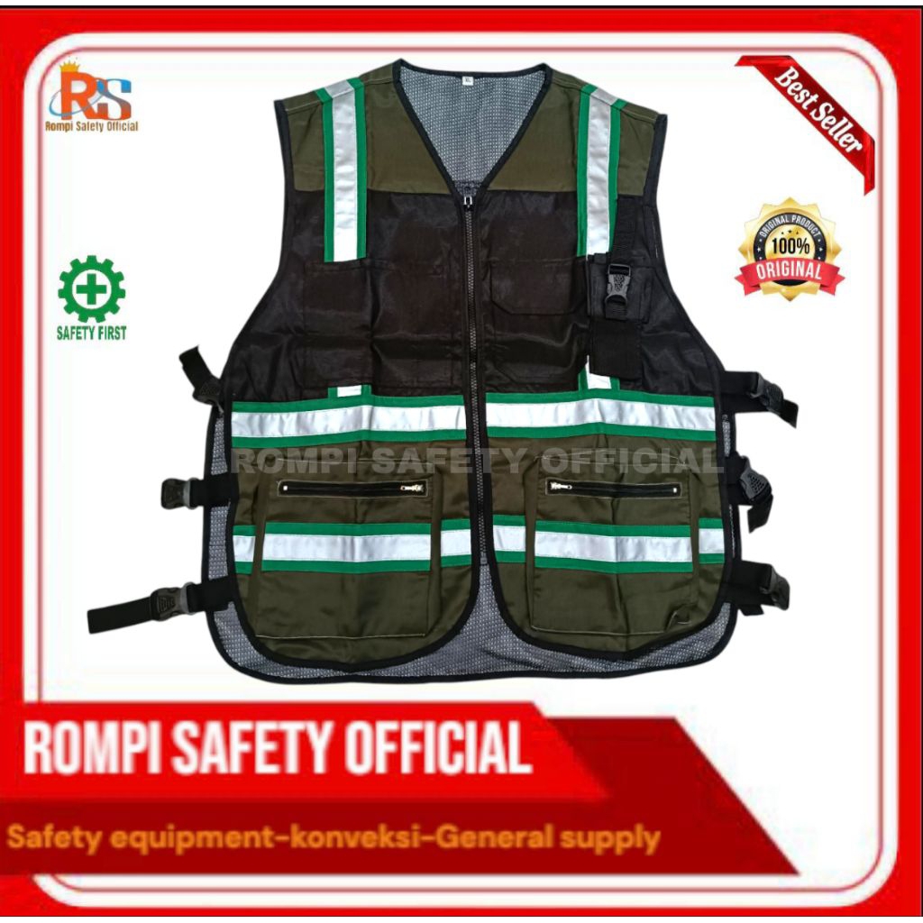 ROMPI SAFETY WARNA ARMY / SAFETY VEST TASLAN KOMBINASI  JARING HITAM/ROMPI PROYEK