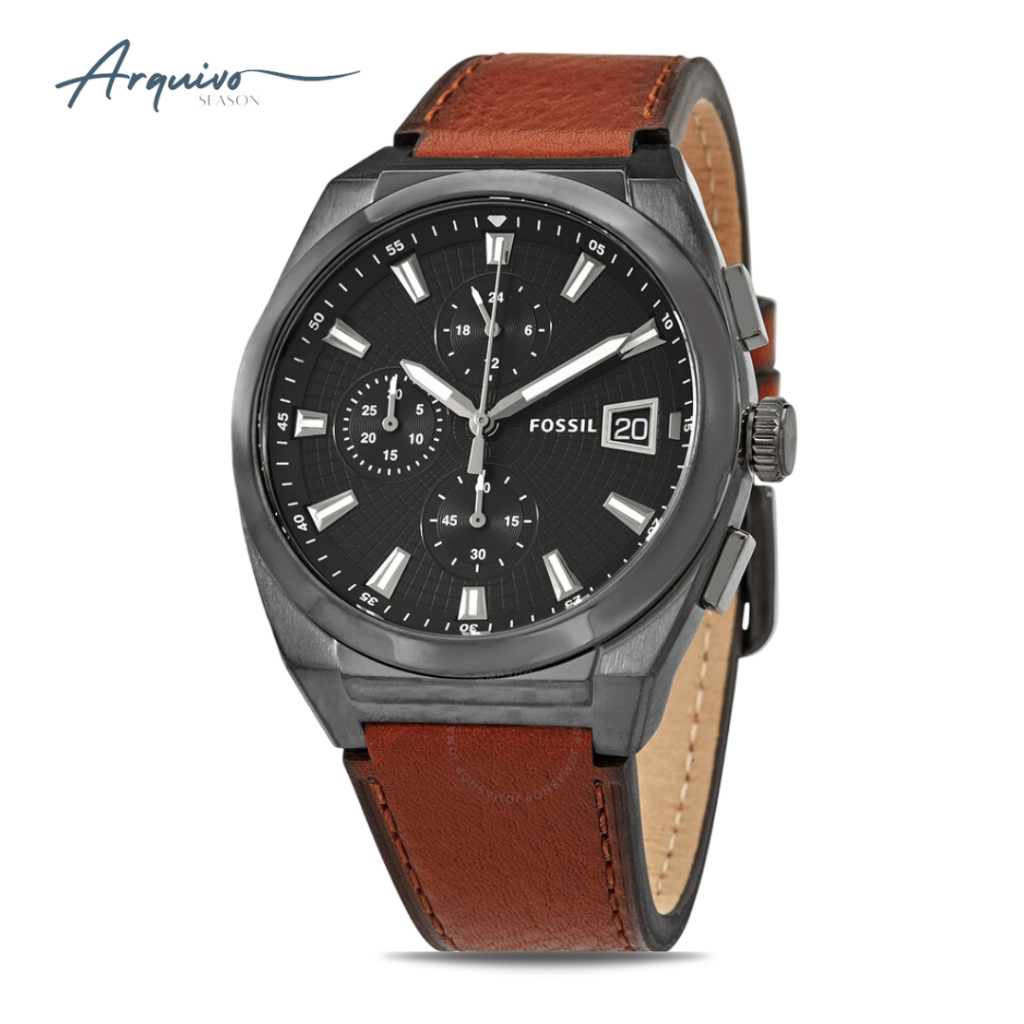 Jam Tangan Fossil Pria Everett Men Chronograph Black Dial Brown Leather Strap Sporty Casual Original