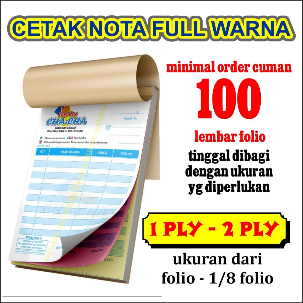 

cetak nota custom full warna dari ukuran folio - 1/8 folio