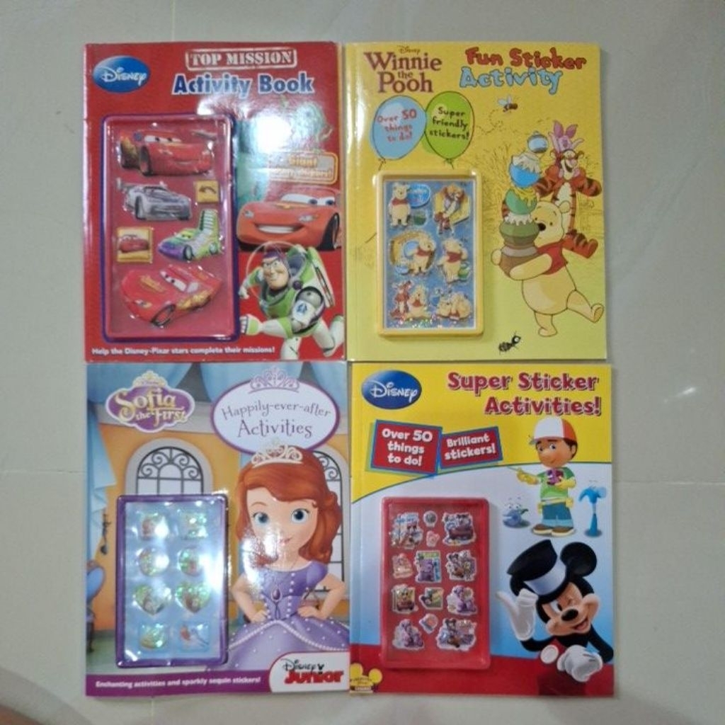 activity book cars, winnie the pooh, mickey mouse dan sofia the first