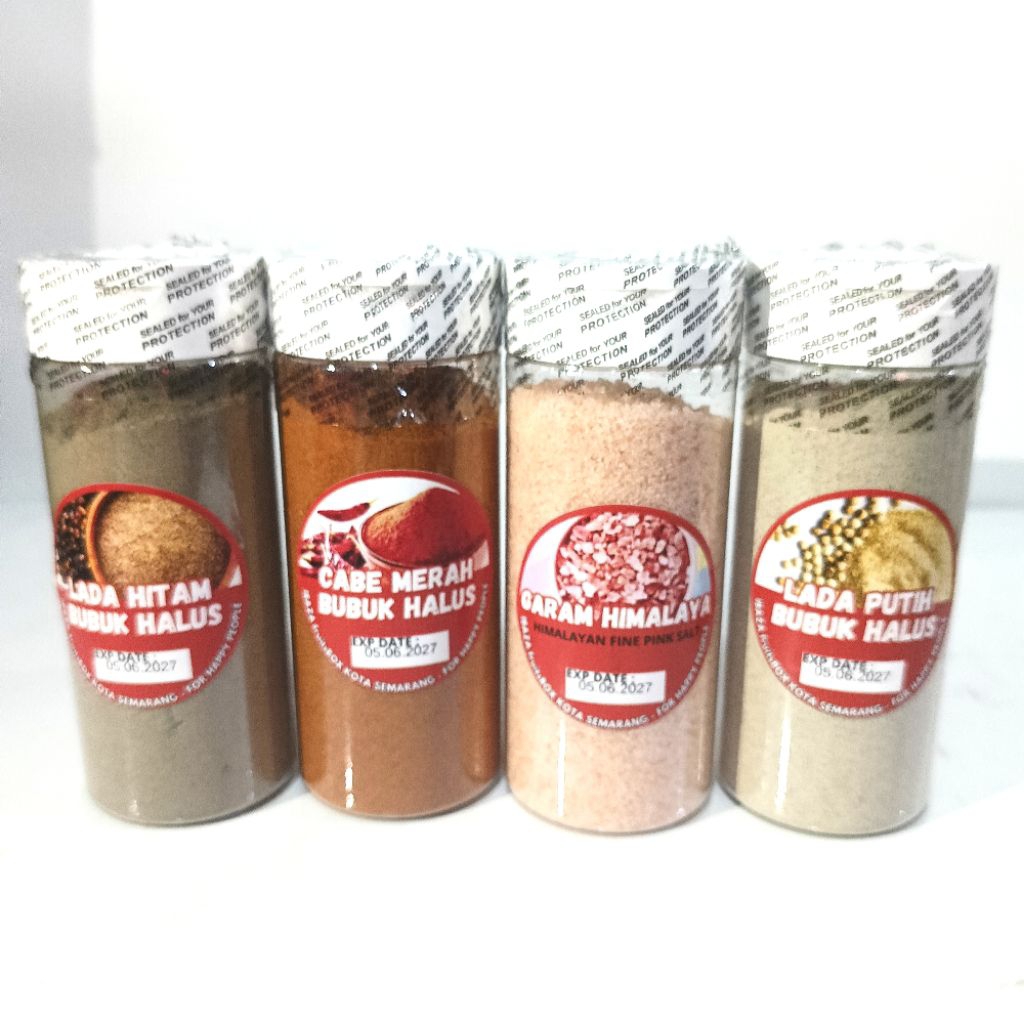 

Paket 4in1 Rempah-Rempah dan Garam Sehat : Lada Putih Bubuk, Lada Hitam Bubuk, Cabe Merah Bubuk dan Garam Himalaya Kemasan Botol Bumbu Tabur 140ML