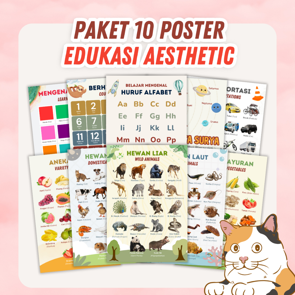 Paket 10 Poster Edukasi Anak – Belajar Angka, Abjad, Hewan, Tata Surya, Sayuran, Buah, Warna, dan Tr