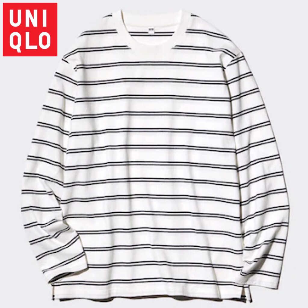 UNIQLO Men T-Shirt Kaos Katun Garis Pria Lengan Panjang