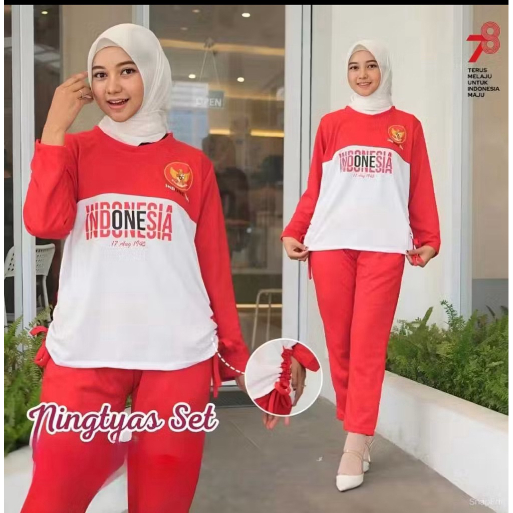 SETELAN MERAH PUTIH BAHAN CRINKLE LD 110cm/STELAN WANITA BAHAN CRINKLE/SETELAN MERAH PUTIH AGUSTUS/B
