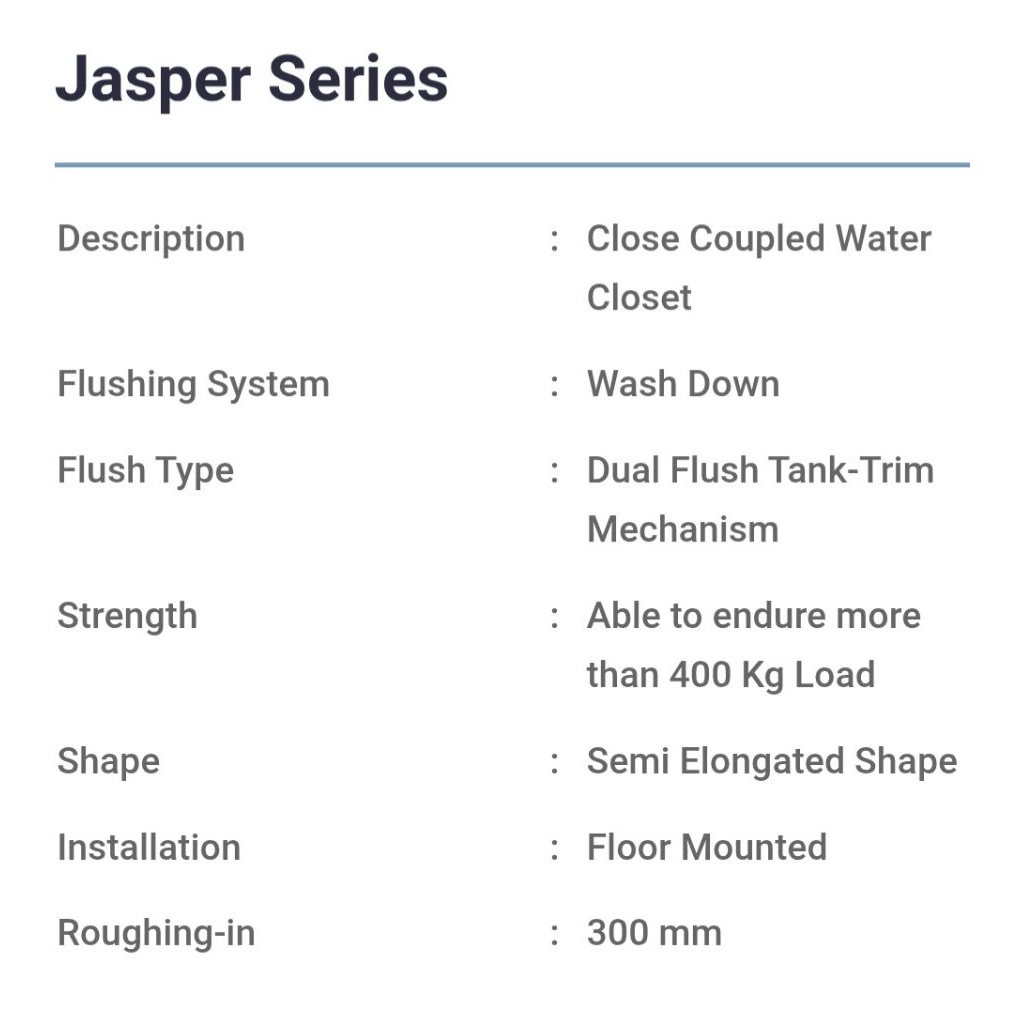 KLOSET DUDUK MERK TRILLIUN WARE TIPE JASPER SERIES UKURAN LUBANG ROUGHING-IN 30 CM