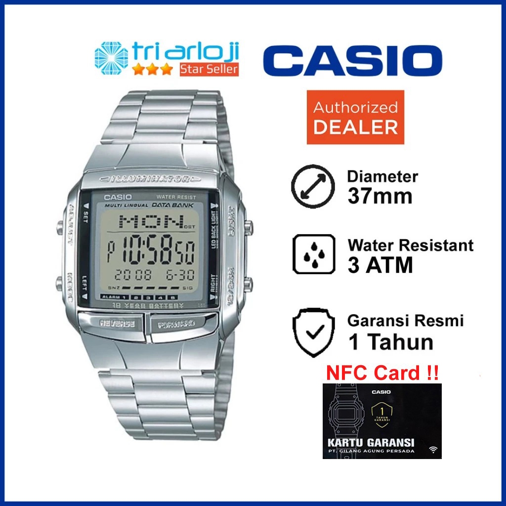 CASIO DB-360-1ADF Jam Tangan Pria Digital DB360 DB-360-1A Data Bank Stainless Steel